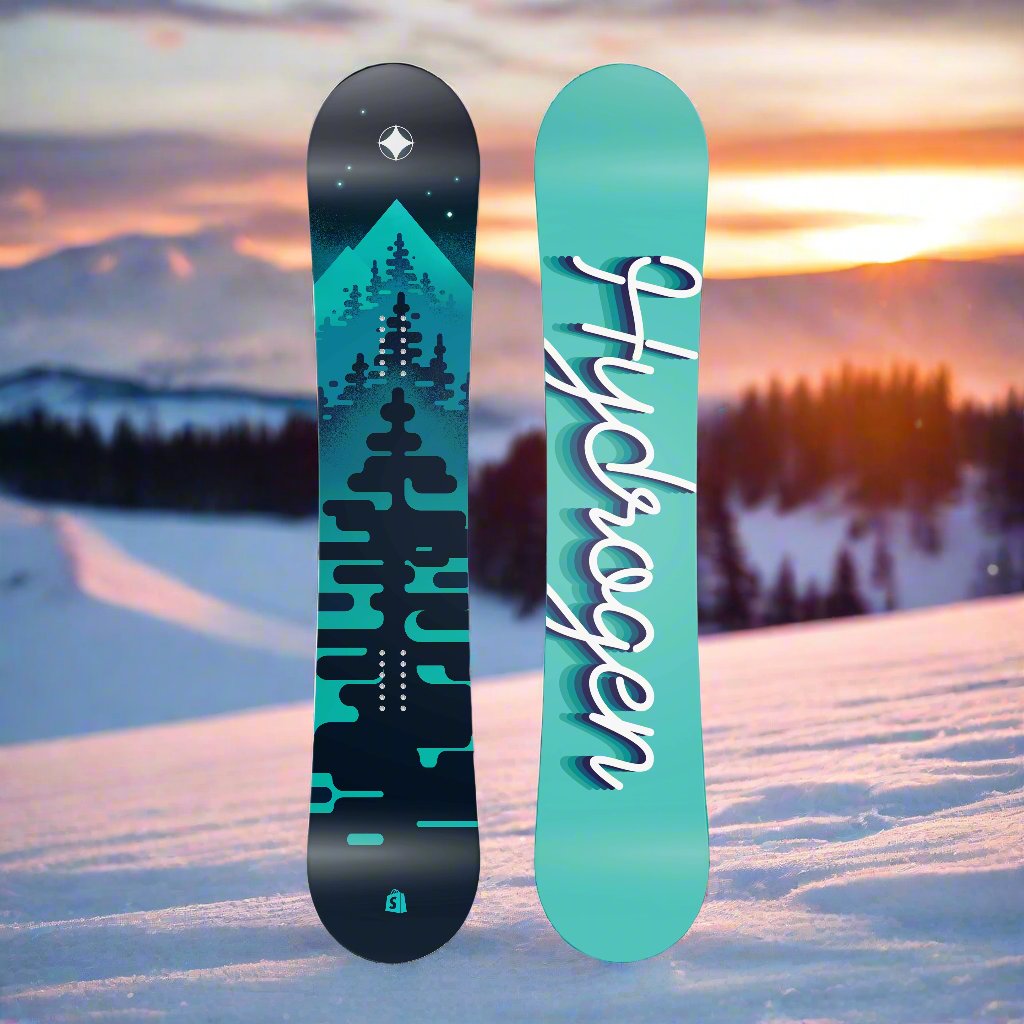 The top and bottom view of a snowboard. The top has view is turquoise and black with graphics of
        trees. The bottom view is turquoise with the word hydrogen written in cursive.